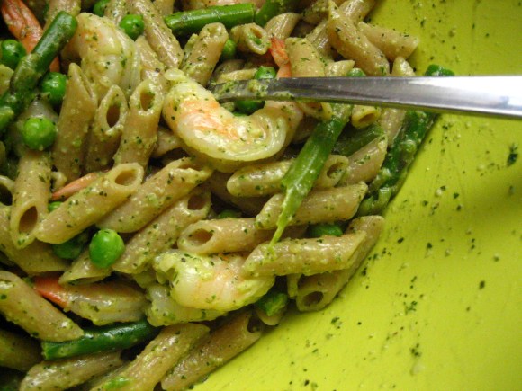 Pasta with Pesto, Summer Vegetables, and Shrimp